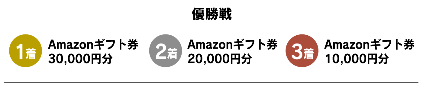 優勝Amazonギフト券30,000円分　準優勝Amazonギフト券20,000円分　第3位Amazonギフト券10,000円分
